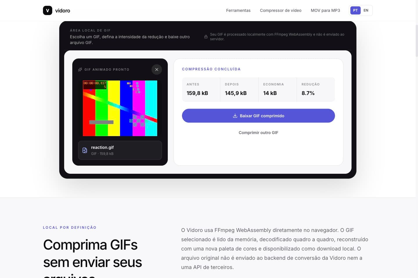 Resultado concluído da compressão de GIF com botão de download