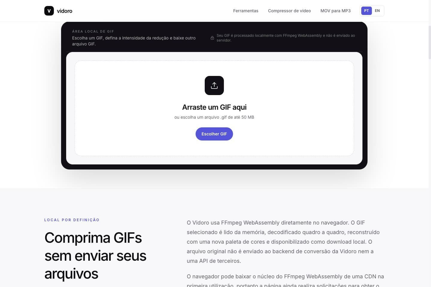 Área de upload do Compressor de GIF Vidoro em português