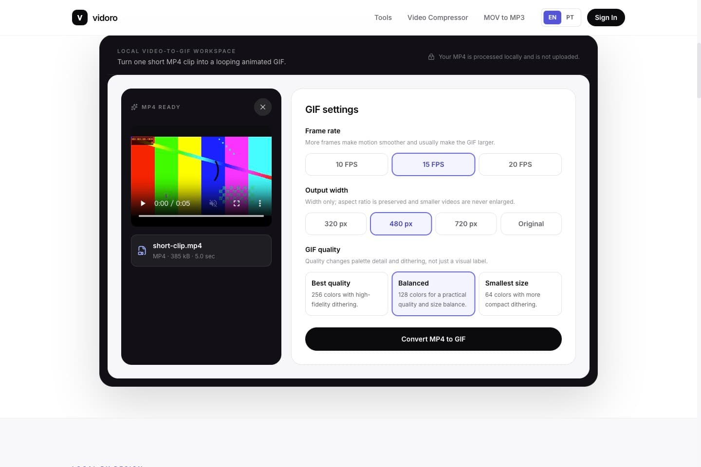 MP4 selected with FPS, output width, and GIF quality controls