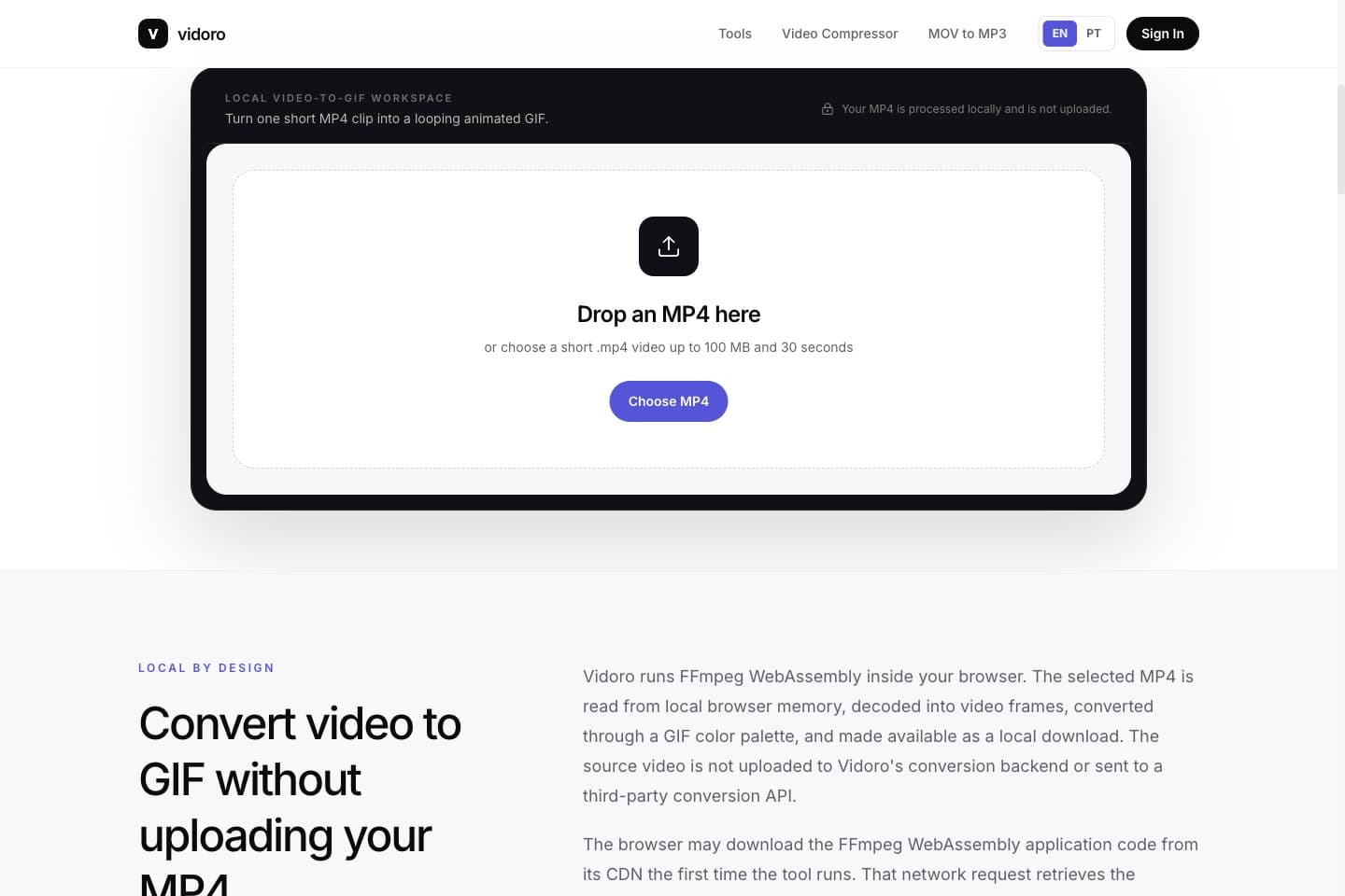 Vidoro MP4 to GIF upload area in English