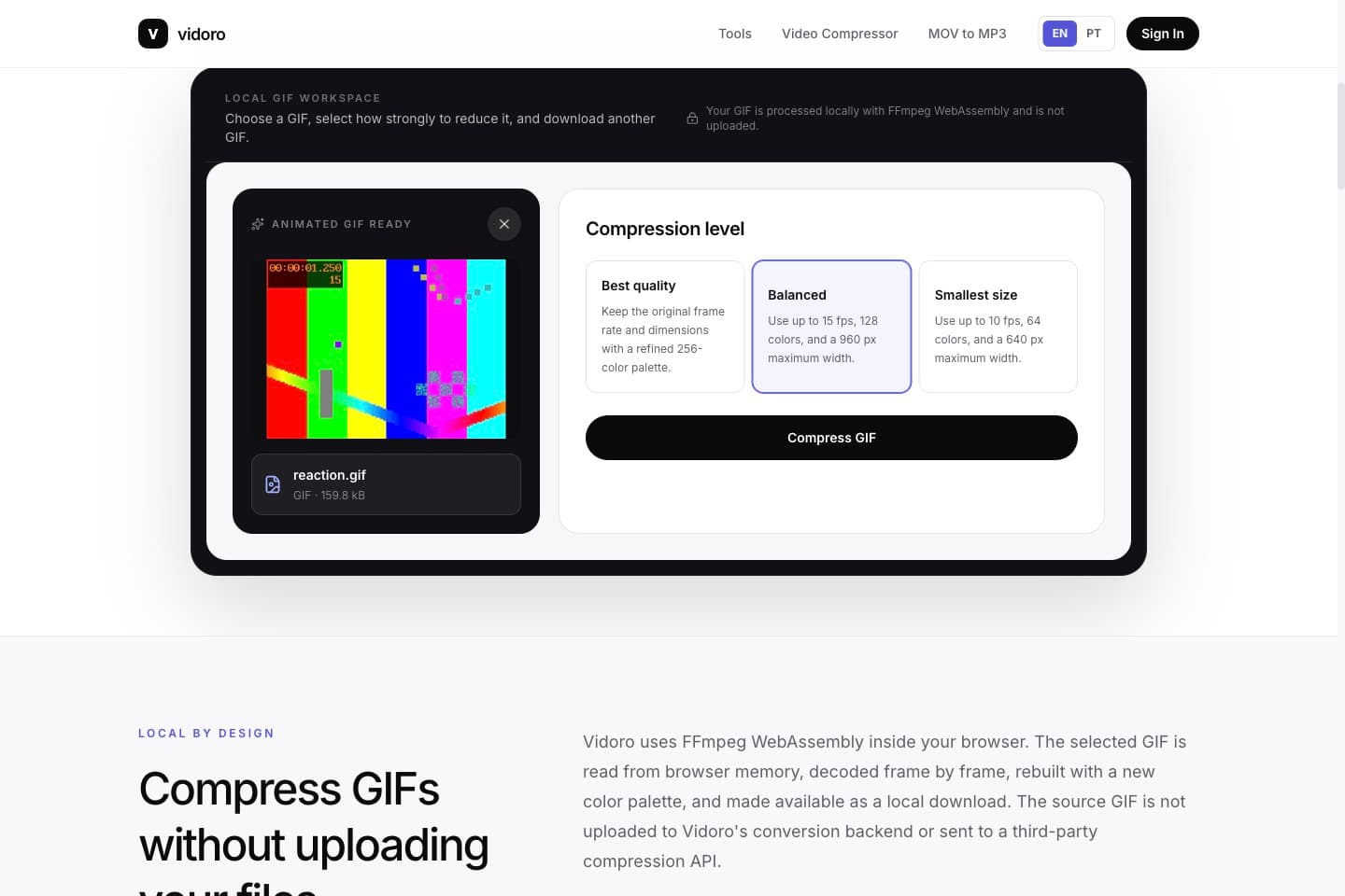 Animated GIF selected with Balanced compression in Vidoro