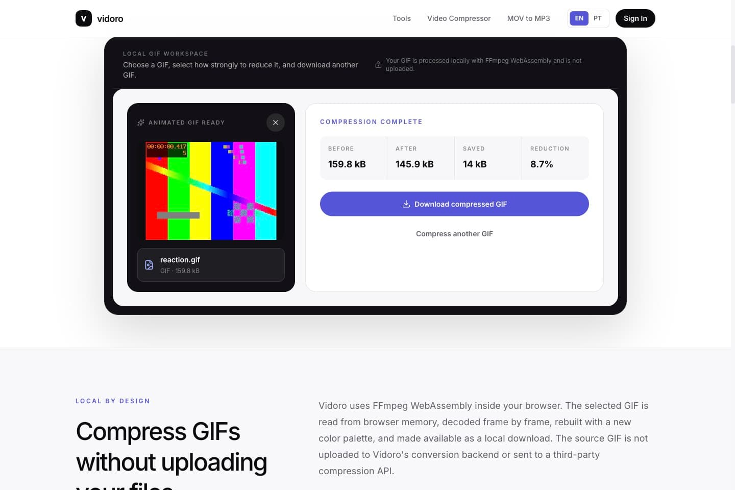Completed GIF compression result with download button