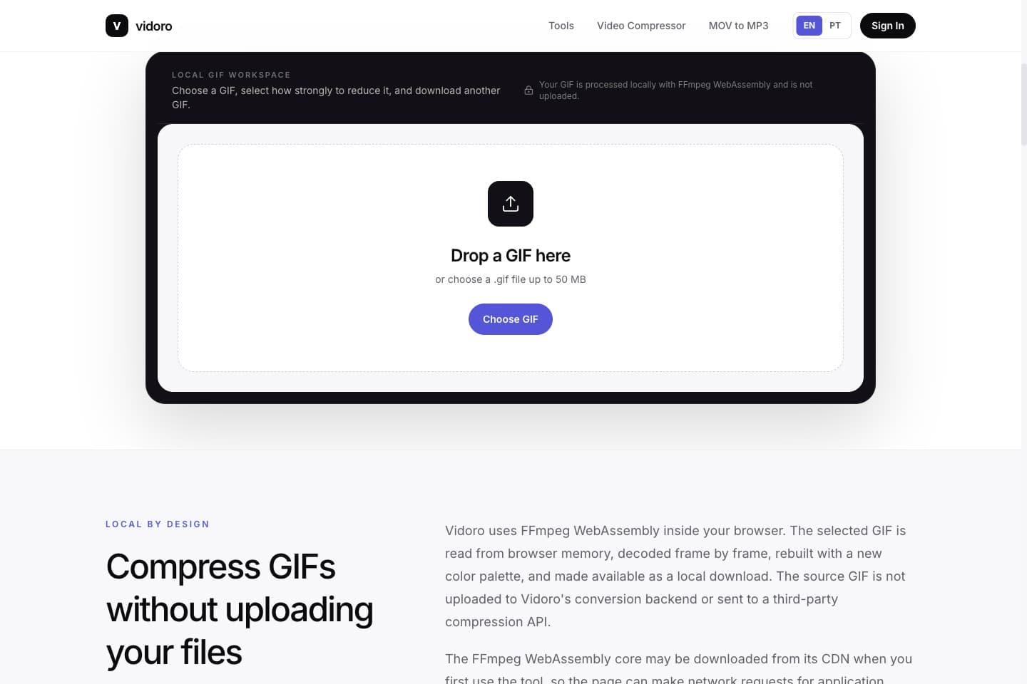 Vidoro GIF Compressor upload area in English