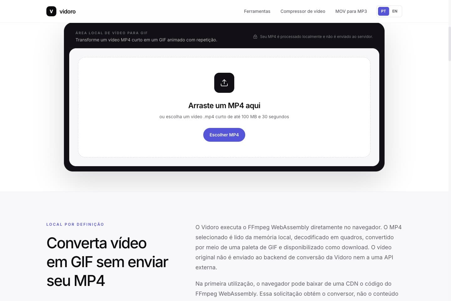Área de upload do conversor MP4 para GIF em português